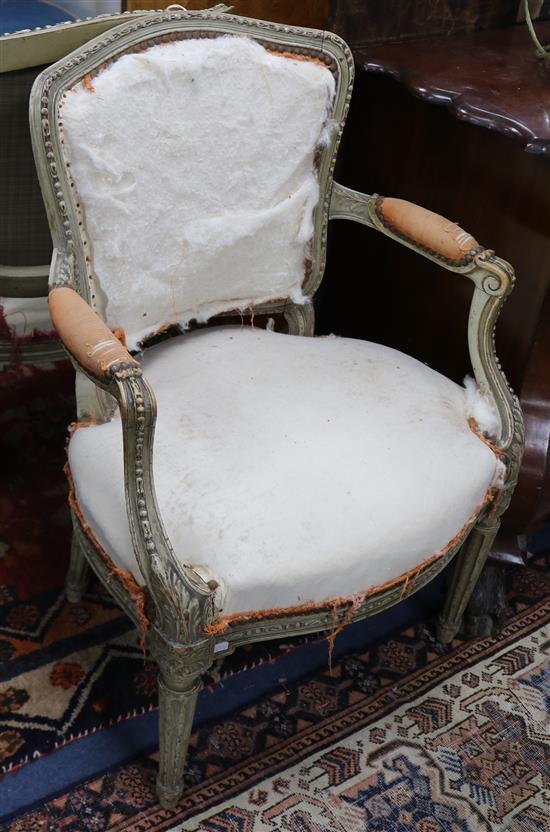 A pair of French grey painted fauteuils